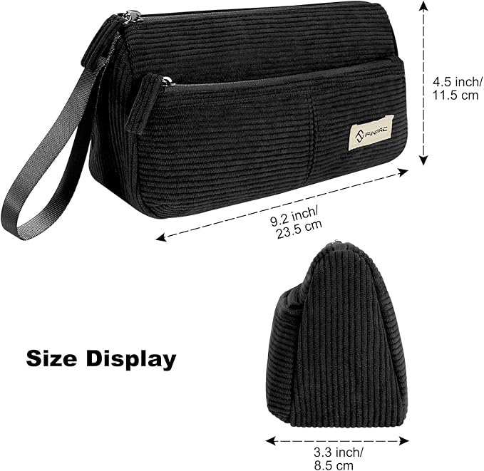 FINPAC Pencil Case, Corduroy Triangle Makeup Bag Kawaii Pen Bag Pouch | Pencil Holder Box Organize for Study, Office, or Travel, Black
