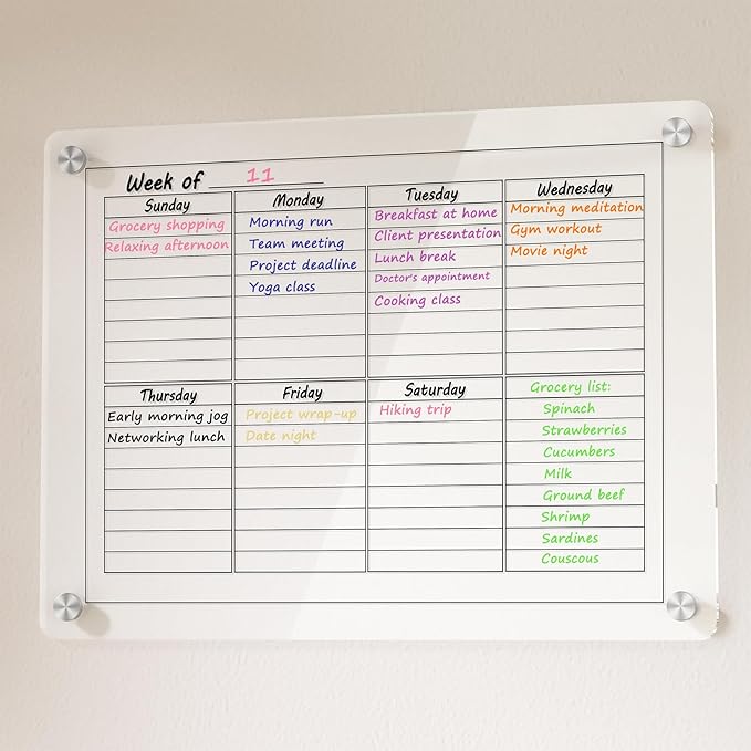 Neatsure Acrylic Weekly Calendar Whiteboard for Wall, 15"x11" Small Clear Planner Dry Erase White Board for List, Kitchen, Planning, Memo