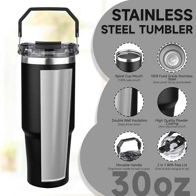 30oz Tumbler with Handle and Flip Straw Lid Double Wall Insulated Travel Coffee Mug Stainless Steel Vacuum Insulated Coffee Tumbler Cup for Hot and Cold Beverages,Leak-proof&BPA-free (30oz,Black)