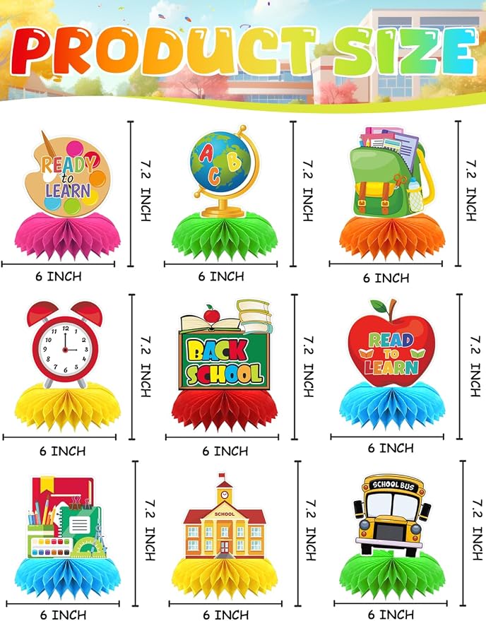 Back to School Table Decorations - 9 Pcs Welcome Back to School centerpieces for tables Bus Stationery Chalkboard Honeycomb Centerpiece Table Toppers for Teachers Students Classroom Supplies