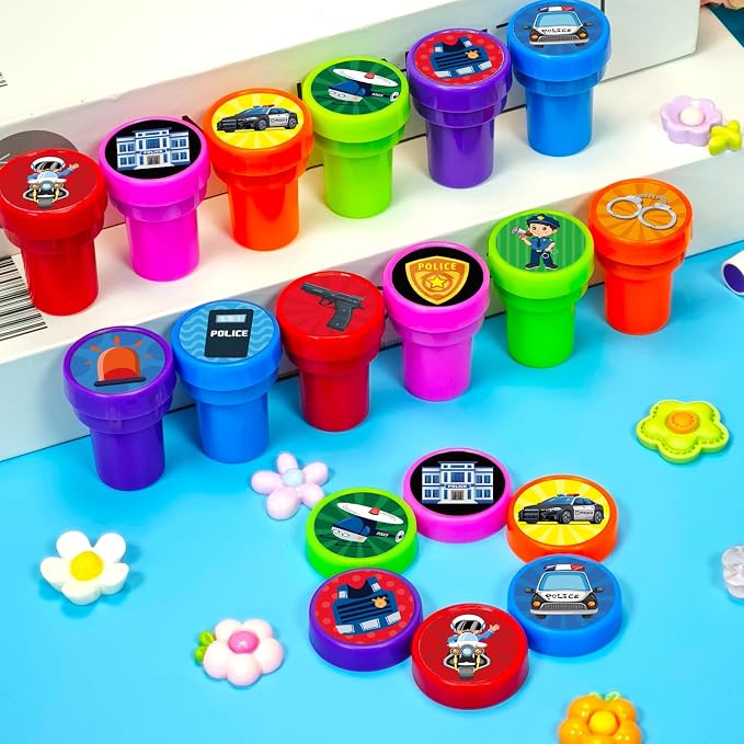 Cinrobiye 24 Pcs Police Stampers Party Favor Set, Cute Police Officer Stamps for Kids Birthday Party, Classroom Rewards, Police Themed Party Supplies, Goody Bag Fillers, Educational Pretend Play Toys