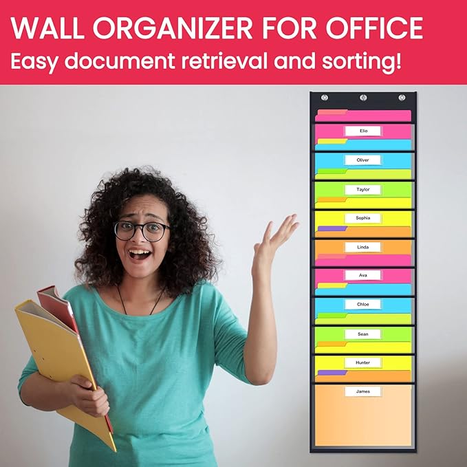 Clear Storage Pocket Chart for Classroom & Office with 10 Nametag Pockets, 3 Overdoor Hangers Included, Hanging Wall File Organizer for File Folders, Assignments, Files, Scrapbook Papers & More
