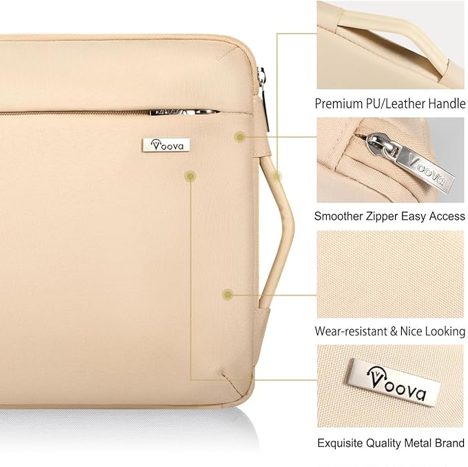 Voova Laptop Sleeve Case 14 15 Inch with Handle, 360° Protective Waterproof Slim Computer Bag Cover Compatible with MacBook Air 15 M2/M3/M4 2024-2025, MacBook Pro 14/15, Hp Chromebook 14, Beige