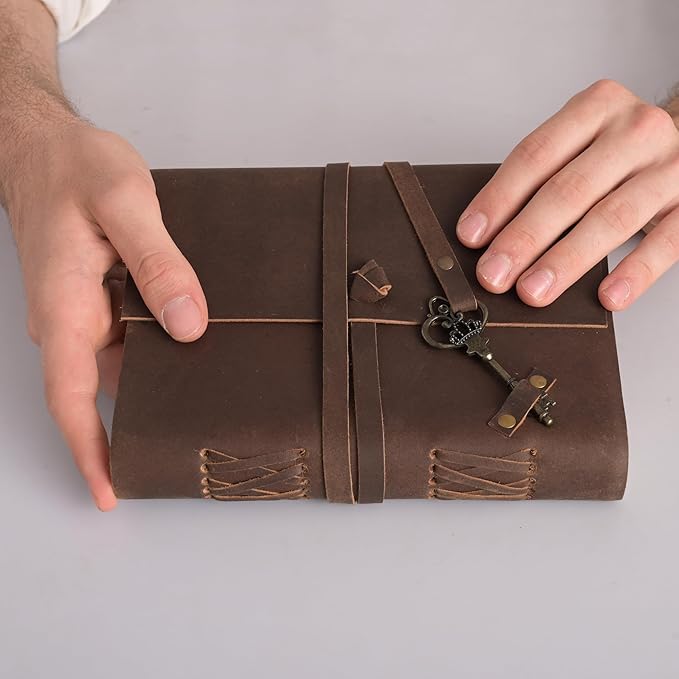 Leather Journal Travel Diary, Handmade Vintage Bound Notebook for Men & Women, Antique Key, Genuine Buffalo Leather- Quality Unlined Cream Paper Perfect for Notes, Art Sketchbook, 8X6 Inches, Cream
