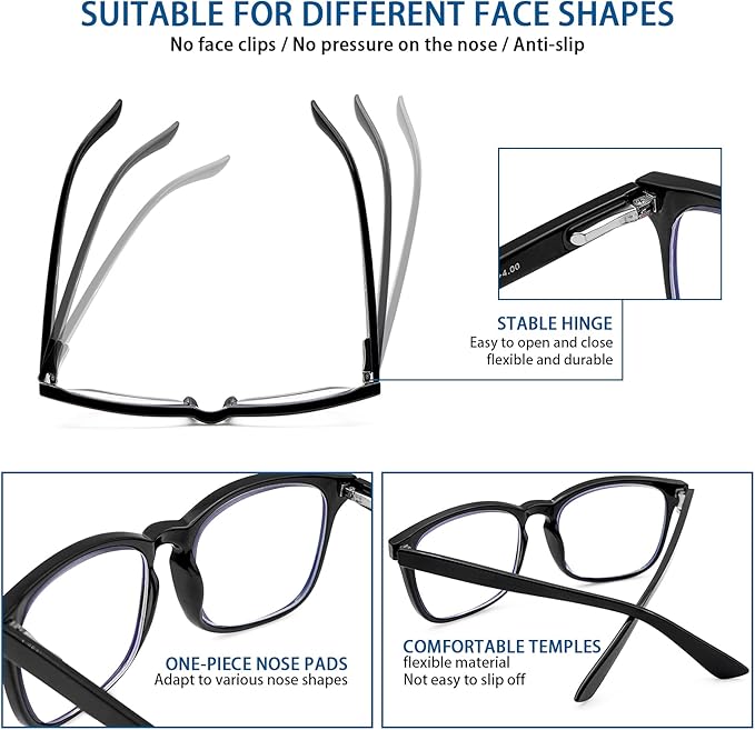 Progressive Multifocus Reading Glasses Men Women 3 Pack Anti Blue Light Eyestrain Quality Computer Readers (3 Black, 3.0)