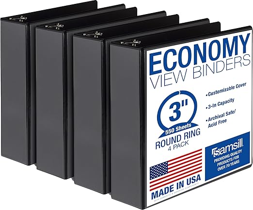 Samsill 3 Inch 3 Ring Binders, Economy Round Ring, Clear View Cover, 550 Sheet Capacity - for School, Home, Office - Black, 4 Pack