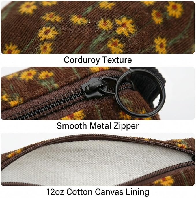 Soft Corduroy Pencil Case Pen Pouch Organizer, Small Stationery Bag | Cute brown chrysanthemum pencil pouch, smooth zipper, daily cosmetics holder, compact organizer for school teen girls, women