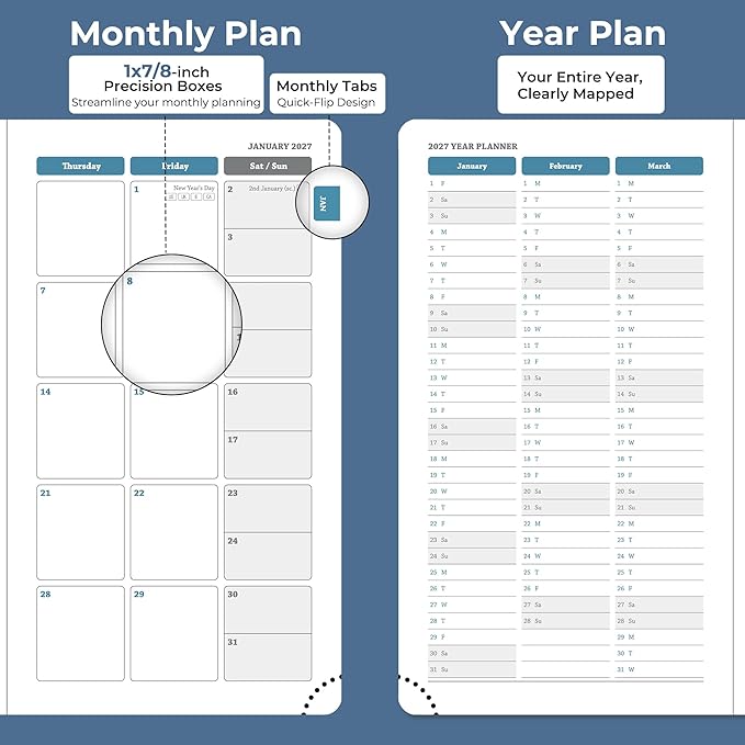 Weekly Monthly 2026-2027 Planner (July 26-Dec 27),6.5"x3.75",18 Months Agenda Plan with Month Tabs & Pocket,Expenses/Note Pages, Academic Calendar with Vegan Leather Cover,Blue