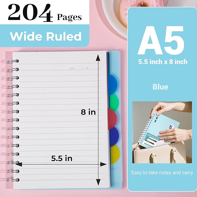FLYING EAGLE 5 Subject Notebook Wide Ruled Spiral Notebook 5x7, A5 Small Notebook with Remoable Dividers, Hardcover Notebooks for Work, 204 Pages Lined Journal for Women,Teal Blue