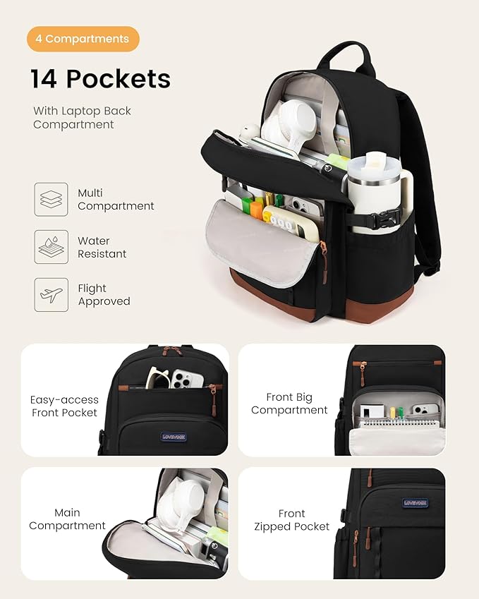LOVEVOOK Laptop Backpack for Women with Large Cup Holder,17 Inch DIY Design Travel Work Backpack Computer Laptop Bag,Waterproof Nurse Teacher College Backpack Purse,Gifts for Women Men, Brown-Black