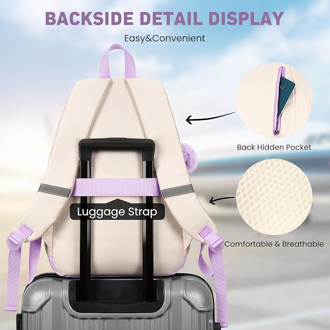 WINDARS School Backpack for Teen Girls, Cute College Backpacks for Women Students Aesthetic Bookbag Large 15.6 Inch Laptop Bag Middle School Travel Back Pack (Purple Beige)