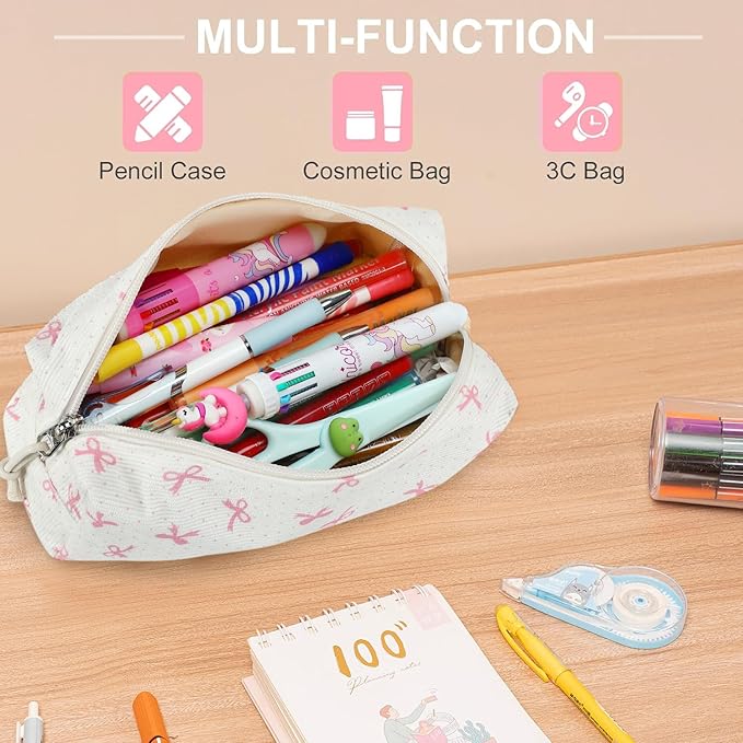 LEDAOU Cute Pencil Case for Kids Girls Boys Pencil Pouch kawaii Pen Pencil Box Bag Holder for School Students (Pink Bow)