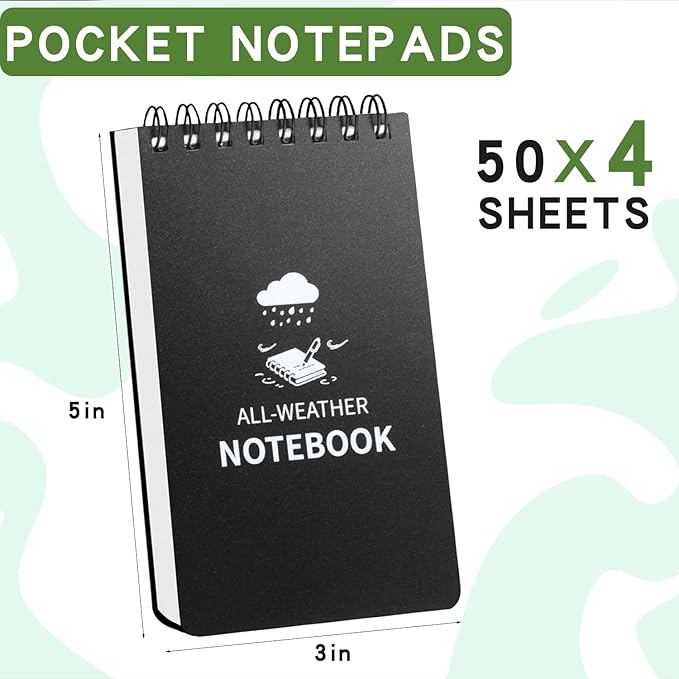 Waterproof Notebook, 4 Pack Pocket Notepad, 3" x 5" Top-Spiral Weatherproof NotePad, All Weather Police Pocket Notebook Mini Memo Steno Note Pads for Outdoor Office School Recording, Black