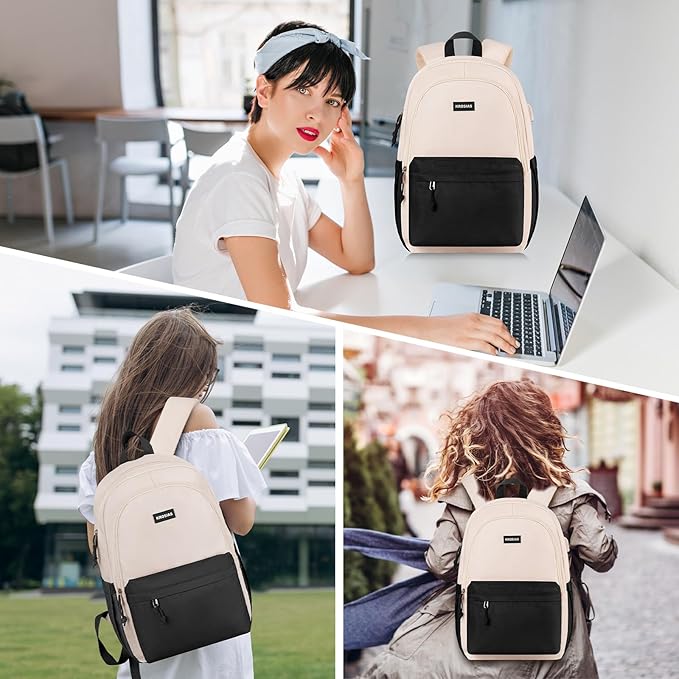 KROSIAS School Backpack for Teens Girls, Cute Student Bookbag Large 15.6 Inch Laptop Bag Aesthetic College Backpacks for Women High School Travel (Black Beige)