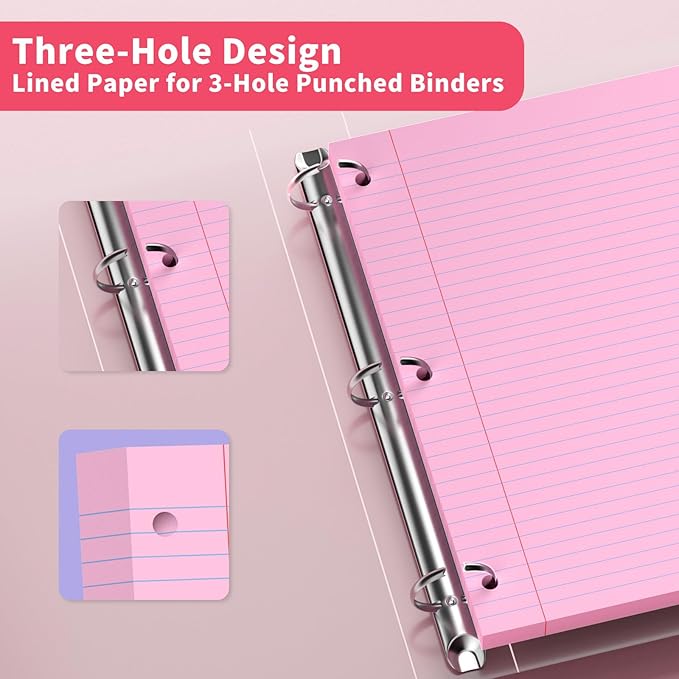 Pink Loose Leaf Paper 120 Sheets Pink Paper 8" x 10.5" College Ruled Notebook Paper Filler Paper 3-Hole Punched Lined Paper for 3-Ring Binders 8 x 10-1/2 Binder Paper for Home School Office Supplies