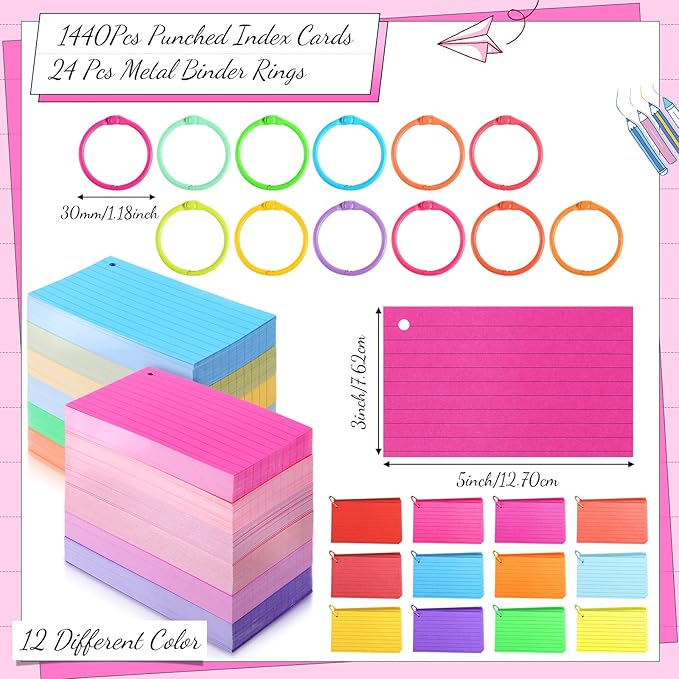 Ctosree 1440 Pcs Back to School Gifts Colored Index Cards with Binder Ring Ruled Flash Cards 12 Color Lined Note 56lb Cover for Studying Memory Office School(3 x 5 Inch,Neon Color)
