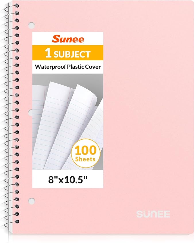 SUNEE Spiral Notebook, 1-Subject, College Ruled Paper, 8" x 10-1/2", 100 Sheets per Notebook, 3-Hole Punched Paper, Water Resistant Cover, Double-sided Pockets, Spiral Lined Notebooks for Work, Pink