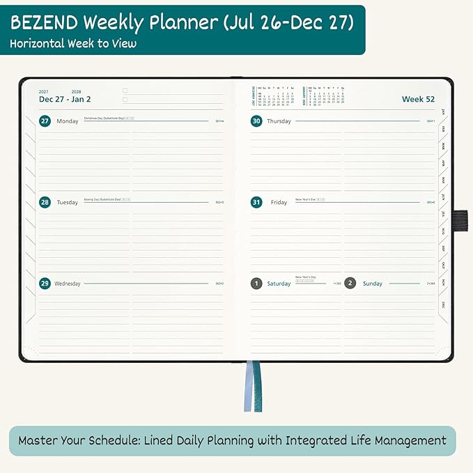 BEZEND Weekly Planner 2026-2027 (8.5" x 11") Horizontal Layout Notebook (Jul 26-Dec 27) 18 Months Academic Calendar & Monthly Tabs, Ideal for Students, Work & Home, PU Leather Hardcover -Blue