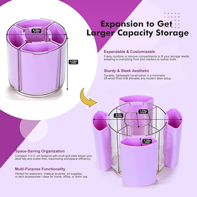Comix 360° Rotating Pen Holder for Desk, Cute Pencil Holder Pen Organizer, Purple Acrylic Pencil Cup Caddy with 5 Slots for Home School Office Supplies