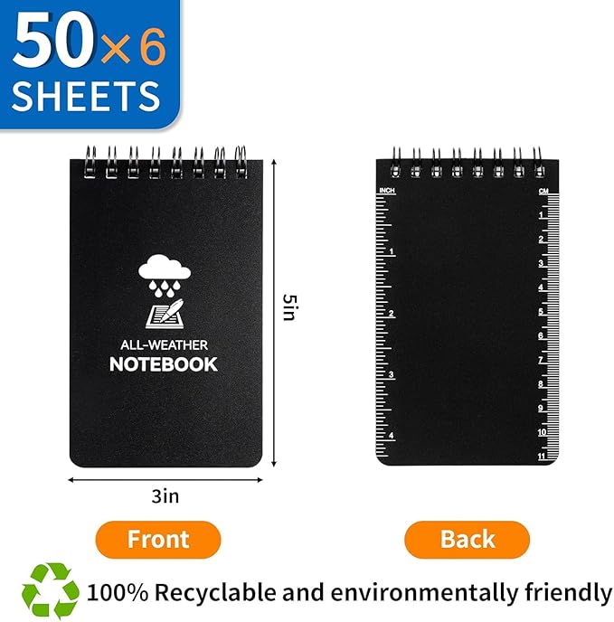 COIDEA 6 Pack Waterproof Notebook, 3 x 5 Pocket Notepad, Top-Spiral Weatherproof NotePad, All Weather Police Pocket Notebook Little Memo Steno Note Pads for Outdoor Office School Recording