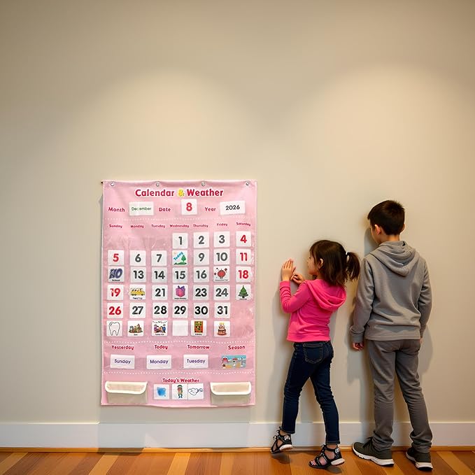 Interactive Calendar for Kids - Learning Calendar Wall Chart with Daily Weather, Seasons for Toddlers Preschool - Homeschool Classroom Must Haves Supplies for Circle Time Morning Board (Pink)