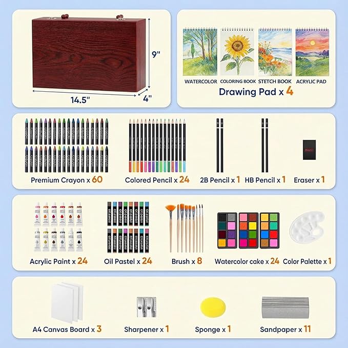 TMOL 194-Pack Art Supplies, Deluxe Art Set Drawing Painting Kit with 2 Drawing Pads, Colored Pencils, Acrylic Paints, Crayons, Watercolor, Art Kit Gift Box for Artist, Adults, Teens and Beginners