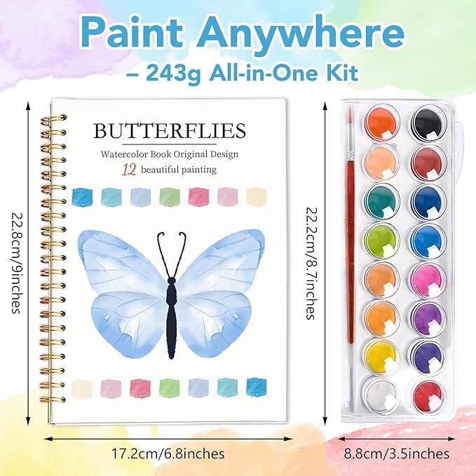 Easy Watercolor Workbook for Beginners - 12 Beautiful Step-by-Step Paintings Water Coloring Book, Includes 16 Colors Paints, Relaxing Art Projects and Creative Gift for Adults & Teen (Butterflies)