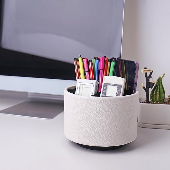 Round Leather Art Supply Organizer,Remote Control Holder,360 Degree Spinning,Multi-Functional Pencil Holder,4 Compartments Desktop Stationary Organizer(1-Lichee White)