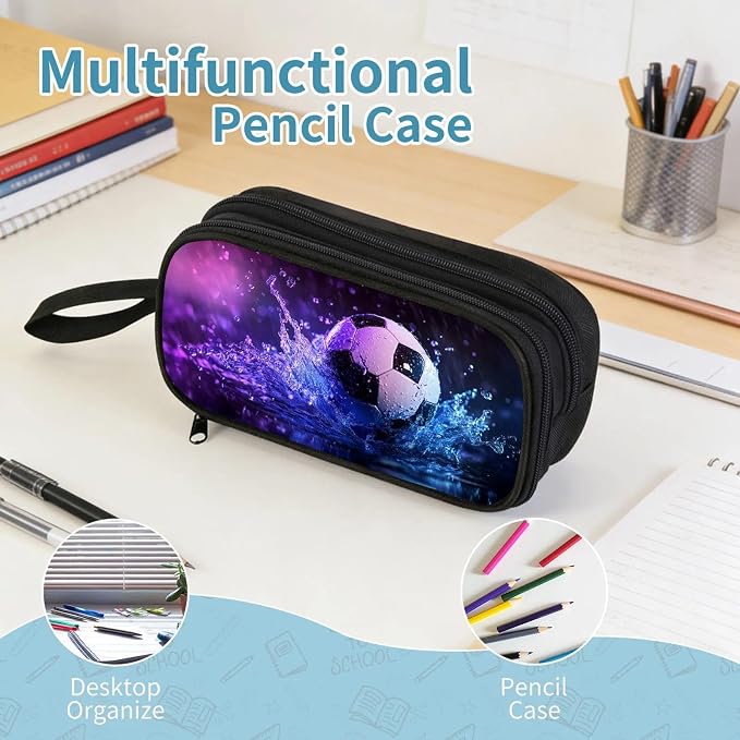 Firmiso Kids Pencil Case, Soccer Water Splash Graphic, Large Capacity Double Zipper Pencil Pouch with Compartments, Durable Polyester Stationery Organizer, Pen Bag for Boys Girls Teens