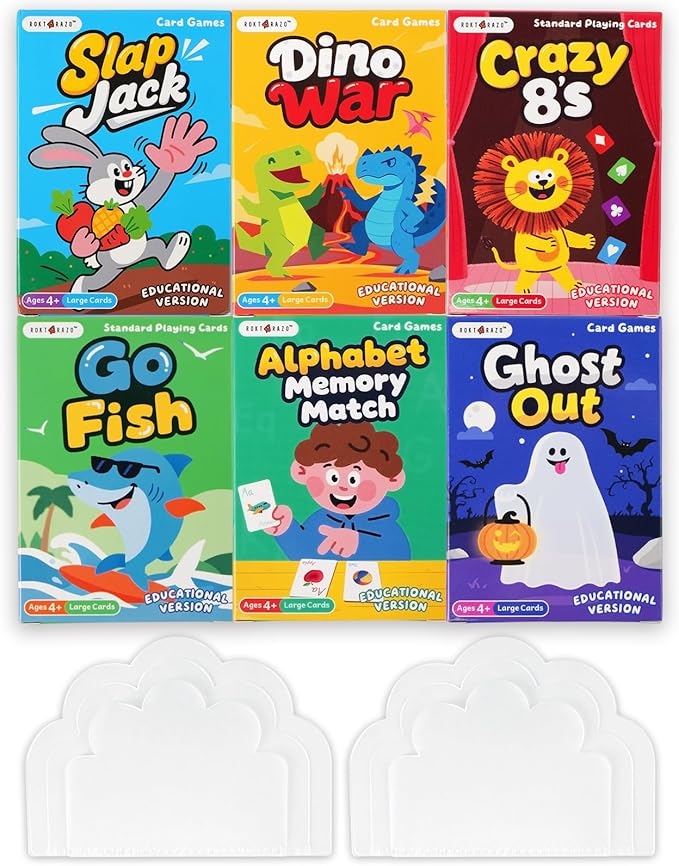 rokt&razo 6 in 1 Educational Kids Card Games, Alphabet Memory Match, Slap Jack, Go Fish, Crazy Eights, War, Ghost Out (Formerly Old Maid), Large Kids Playing Cards, Easter & Stocking Stuffers