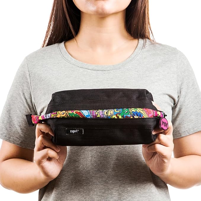 ZIPIT: Lenny Pencil Case - Black & Doodles - Large Storage Capacity Zipper Pouch, Makeup-Stationery Bag, School, Washable Polyester, Kids-Teens-Adults