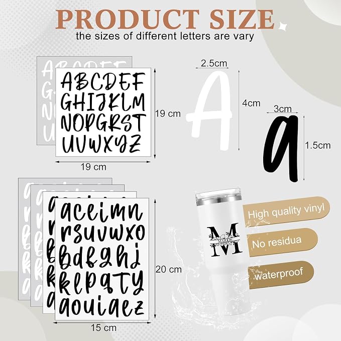Humyoun UV DTF Cup Wrap Letter Stickers Vinyl Decals,Black+White,6 Sheets | Personalized Name Stickers for Water Bottles Tumblers, Waterproof UV DTF Alphabet A-Z Stickers for 14-40oz Mugs DIY Craft