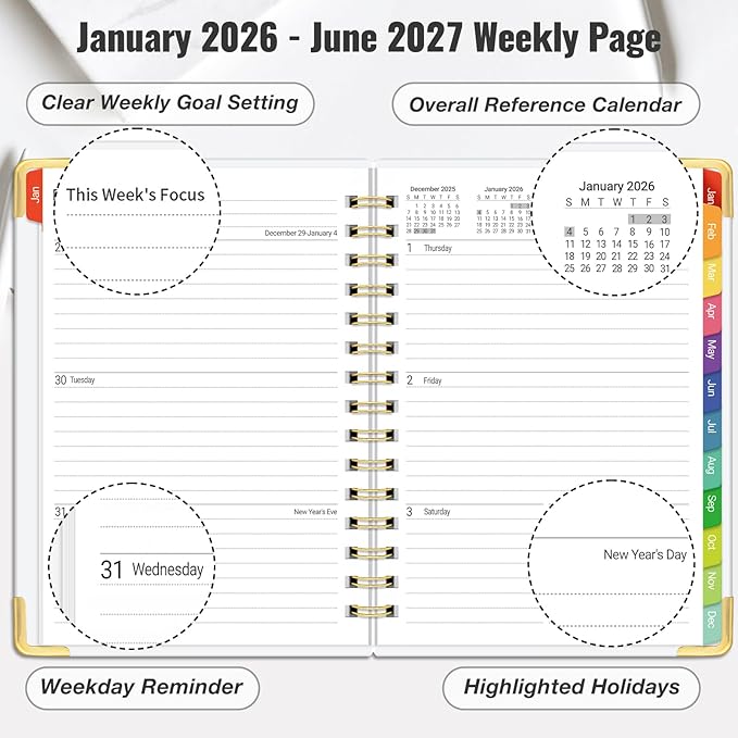 Daily Planner 2026-2027, 18 Month Planner with Tabs, January 2026 - June 2027 Weekly and Monthly Academic Year Calendar Spiral Time Management, 100GSM Thick Paper, Twin-Wire Binding, A5 Size, Multicolor