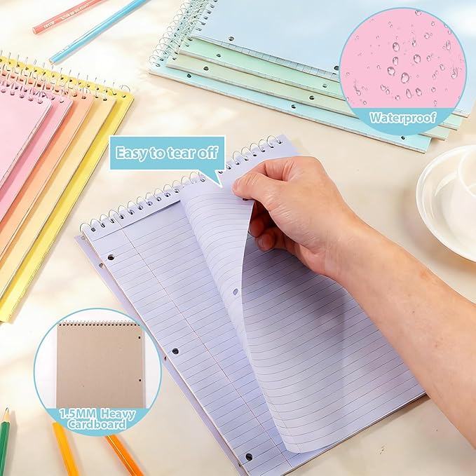 10 Packs 8.5 x 11 inch Top Spiral Notebook with 3 Hole Punched Legal Pads 40 Sheets College Ruled Notepad Hard Cardboard Paper Wirebound Pads for Business School Office Home Supplies (Pastel)