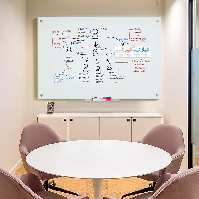 maxtek Magnetic Glass Dry Erase White Board, 48" x 32" Frameless Glass Board for Wall Mounted, Includes 6 Magnets, 3 Markers and 1 Eraser for Classroom Home, Office Supplies (White)