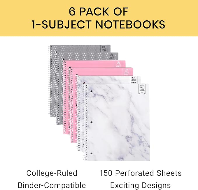 Yoobi College Ruled Spiral Notebook Set – 6-Pack of 2 Subject Notebooks, Pink, Gray & Marble Designs for Kids & Tweens – 150 Perforated 3-Hole Punched Sheets Each – 10.5” x 8”