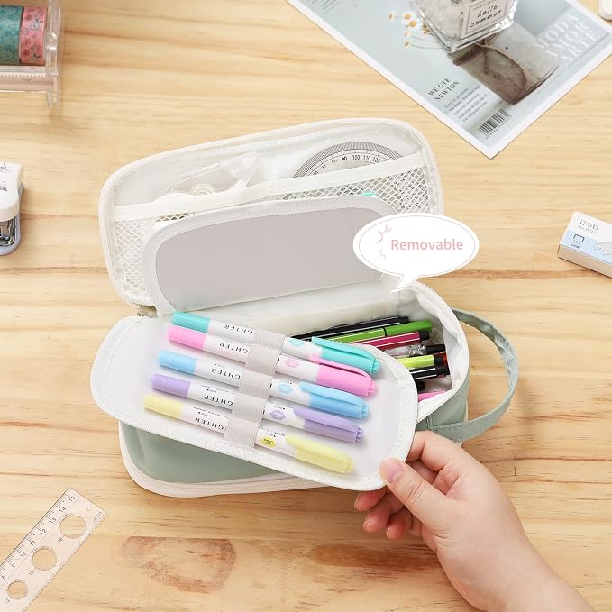 Dugio Large Pencil Case Organizer Big Pencil Bag for Girls Teens Green | Kids Zipper Pencil Pouch Aesthetic Stationery Pen Pencil Box Back to School, Large Capacity Design, Thick Multi-layer Fabric
