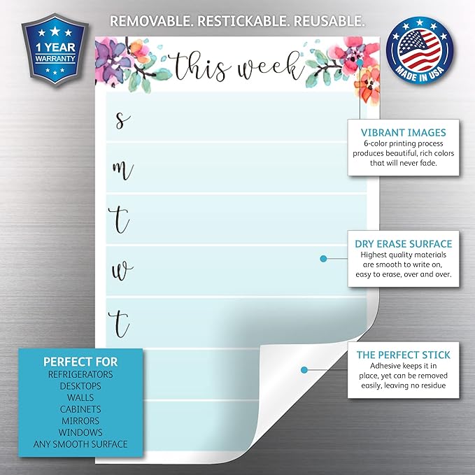 Dry Erase Weekly Calendar Planner Sticker Decal | Removable & Reusable | Magnetic Fine-Tip Marker Included (6 x 9 inches, Floral)