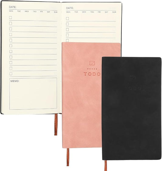 PATIKIL 2Pcs Planner Notebook, A6 100 Sheets Undated to Do List Daily Weekly Monthly Goals Tracker Pocket Notebook for Office Study Time Management Fitness Weeding, Black/Pink