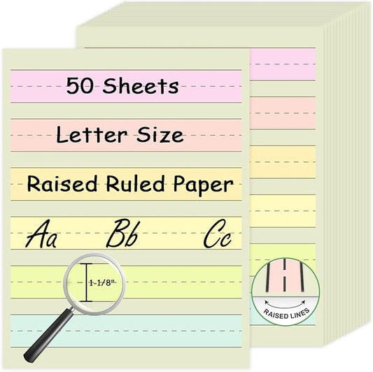 Handwriting Paper Kindergarten Wide Ruled 1-1/8” Raised Lined Paper Primary Writing Pad 8.5 x 11 Inch Colored Spacing Papers Tactile for Kids Multi-Sensory Ruled Handwriting Tablet (50)