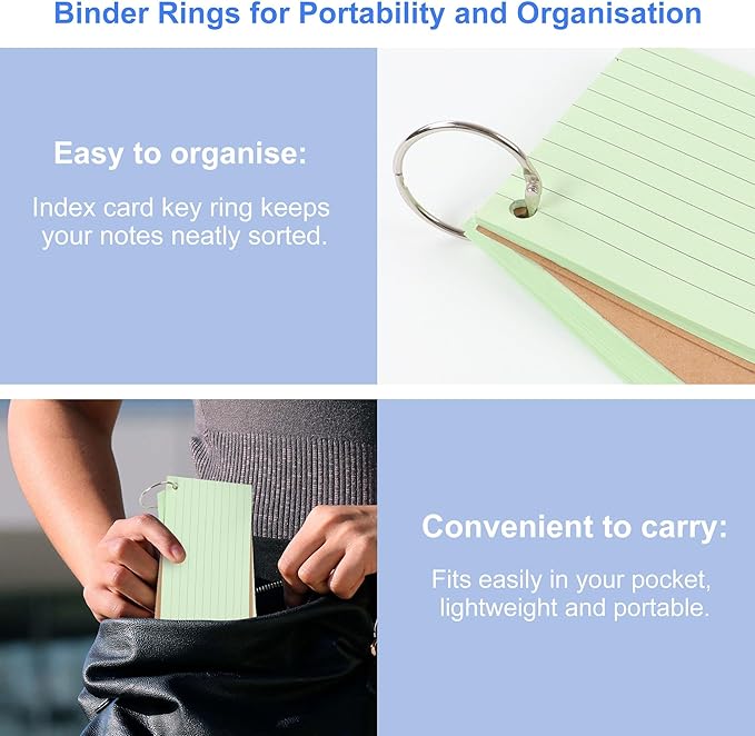 JUNART 300 PCS Index Cards, 6 Colours × 50 Sheets Kraft Cover Sturdy and Long-lasting, With 6 Key Binder Rings for Easy Carrying, Suitable for Study and Office Use