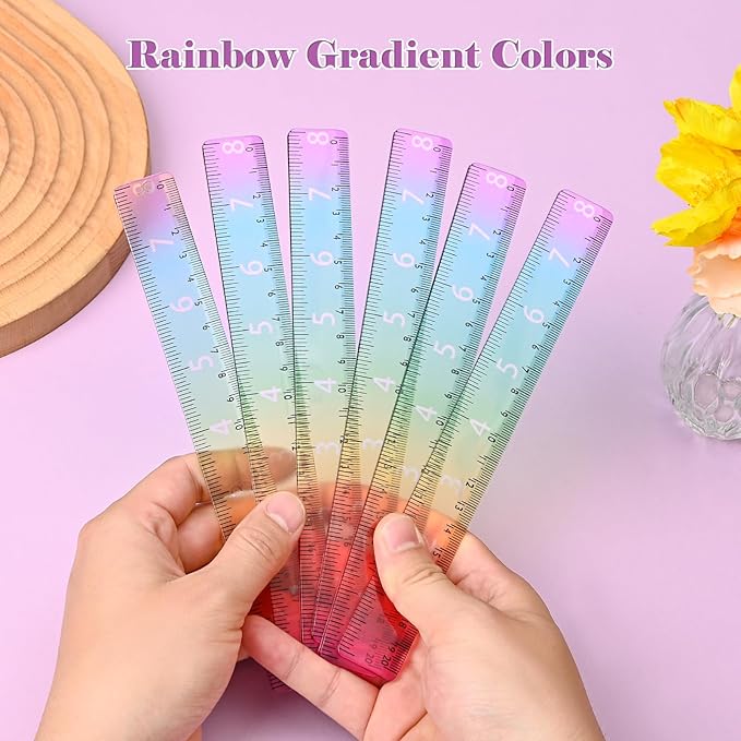 BAYTORY 6Pcs 8inch/20cm Acrylic Straight Rulers, Transparent Gradient Color Rulers, Shatterproof Rainbow Color Measure Stationery with Centimeters, for School Classroom Student (8inch/20cm)