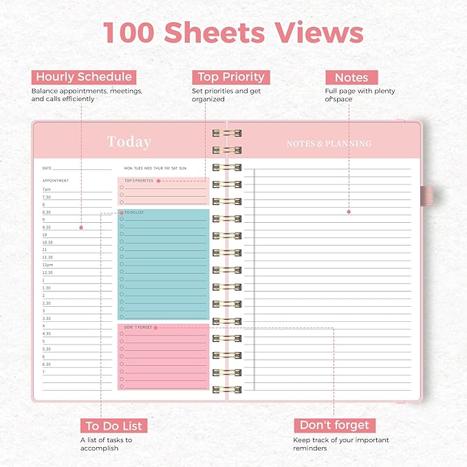 Oucaru Undated Daily Planner, A5 Spiral Notebook with Hourly Schedule, To Do List, Priorities, and Notes for Productivity - Easily Organize Your Tasks, Appointments & Goals for Women