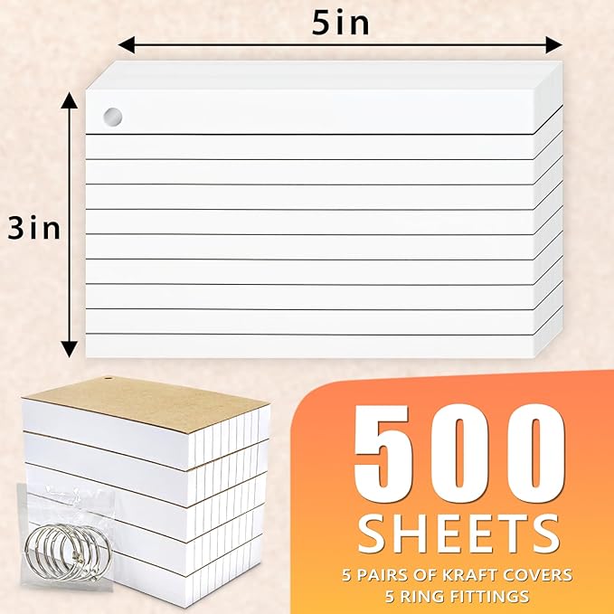500PCS White Index Cards, 3x5 Inches Flash Cards with Ring, Lined on Both Side Notecards Ruled Study Card Flashcards Heavy Note Cards for Studying, Learning, School, College