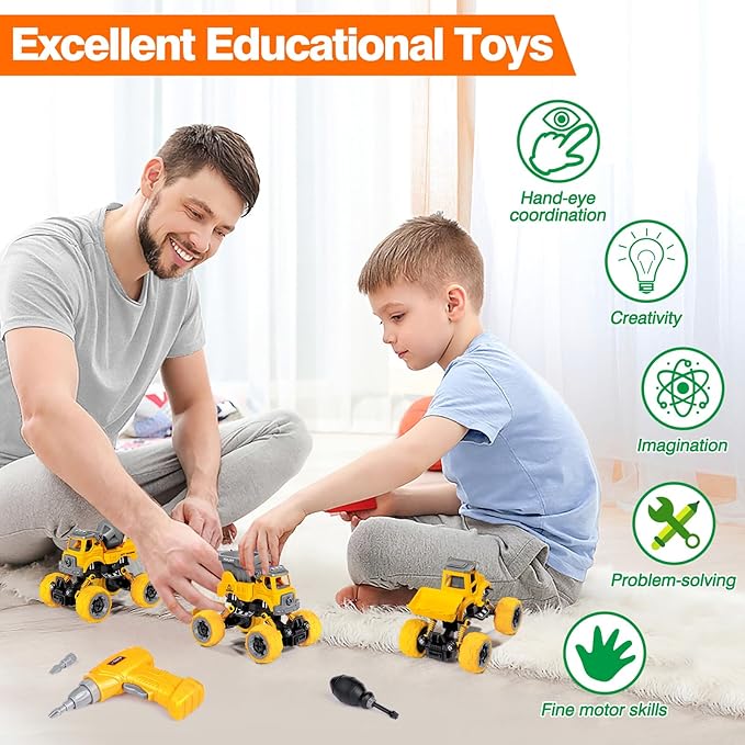 LUDILO Toys for 3 4 5 Year Old Boy Birthday Gift: 4PCS Take Apart Construction Truck Excavator Toy with Electric Drill, Kids Building Stem Learning Toy Gifts for 3 4 5 6 Year Old Boys Toys Age 4-6 3-5