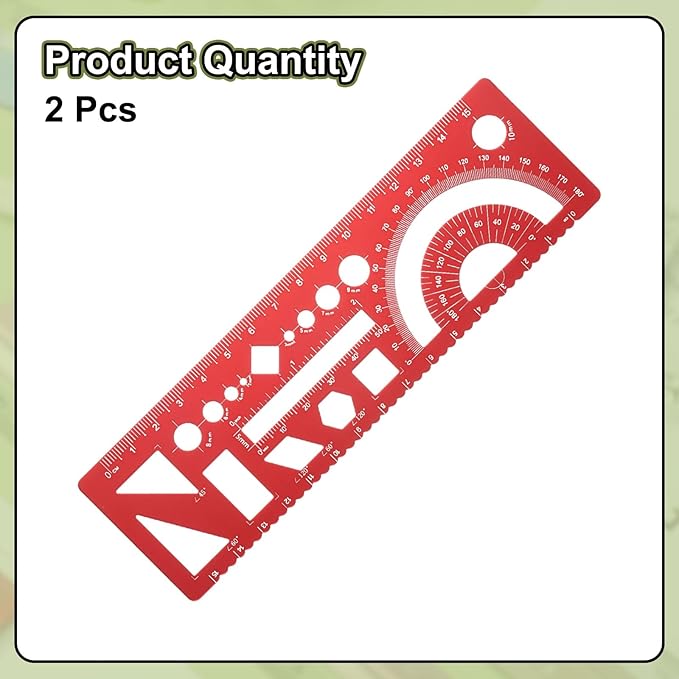 HARFINGTON 2pcs Multifunctional Geometric Rulers 15cm Metric and SAE Aluminum Straight Edge Protractor Angle Math Measuring Ruler Geometric Drawings Templates for Drawing Drafting, Red