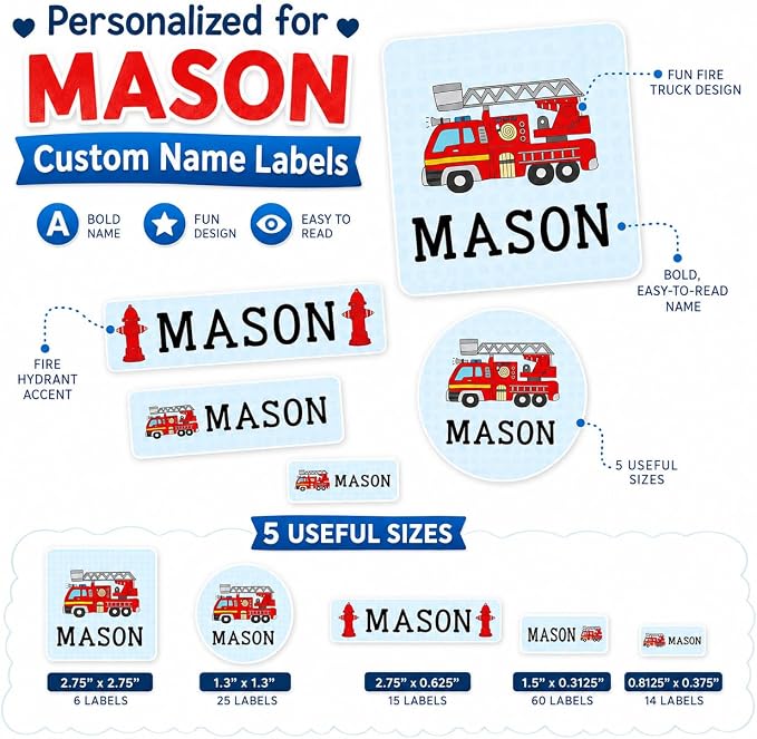Andaz Press Custom Personalized Waterproof School Name Labels, Fire Truck, 120-Pack, Kids Labels Combo Pack, Customizable Multi-Use Name Stickers for Preschool, Daycare, Supplies, Office, Camping