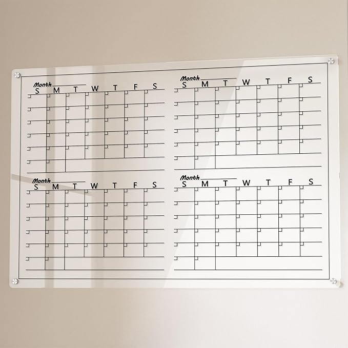 Neatsure Acrylic 4 Monthly Calendar Whiteboard for Wall, 36"x24" Clear Planner Dry Erase White Board for List, Kitchen, Planning, Memo, Office