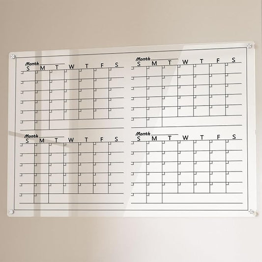 Neatsure Acrylic 4 Monthly Calendar Whiteboard for Wall, 36"x24" Clear Planner Dry Erase White Board for List, Kitchen, Planning, Memo, Office