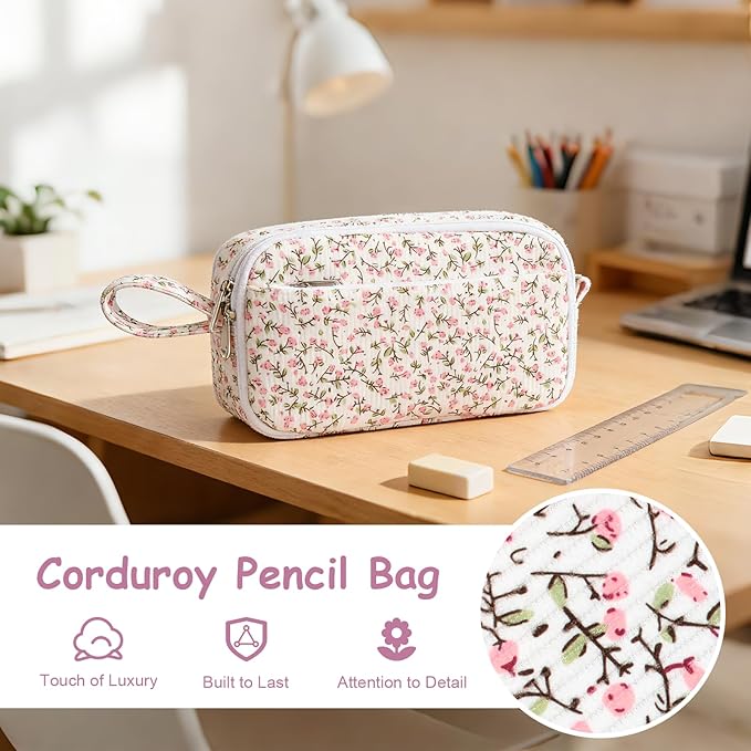 BuyCard Big Capacity Pencil Pouch, Pink Floral Corduroy 4-Compartment Pen Bag, Aesthetic Stationery Organizer for Teen Girls Women, Must-Have for Teacher, Makeup & Electrical Goods Storage Case